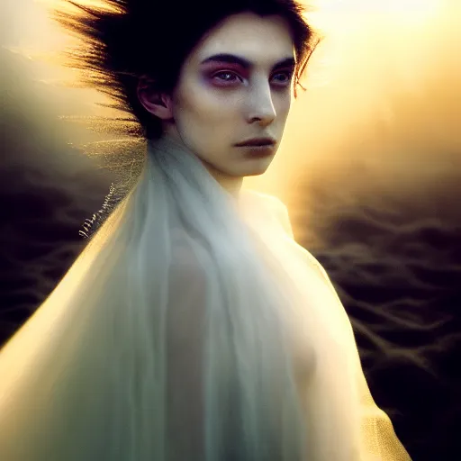 Prompt: photographic portrait of a stunningly beautiful alluring serene stark female ghost in soft dreamy light at sunset, smoke fog dust, god rays contemporary fashion shoot, by edward robert hughes, annie leibovitz and steve mccurry, david lazar, jimmy nelsson, breathtaking, 8 k resolution, extremely detailed, beautiful, establishing shot, artistic, hyperrealistic, beautiful face, octane render