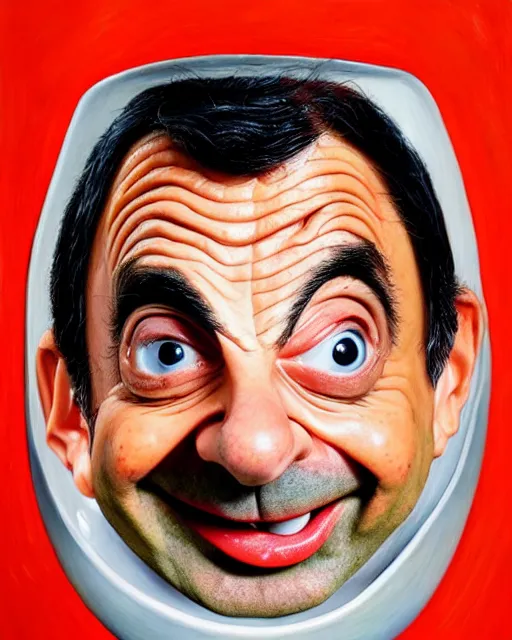 Image similar to portrait of mr bean smiling in a bowl full of baked beans, face covered in beans and tomato sauce, rowan atkinson, mr bean face, oil painting, highly detailed