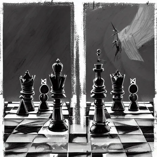 Conceptual sketch image with chess pieces on white background