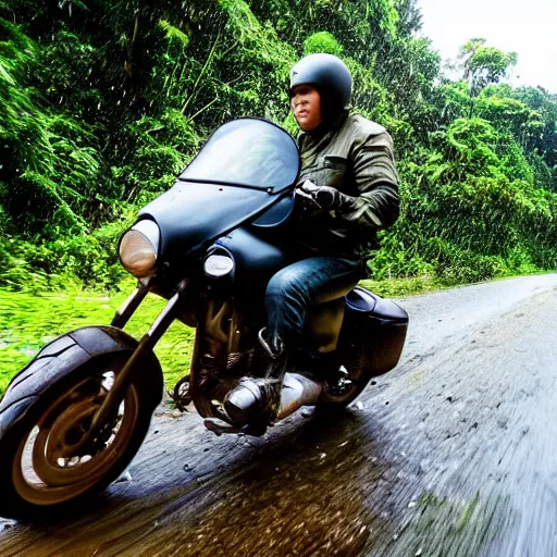Image similar to a giant potato riding a motorcycle through the jungle, low angle with rain and lightning