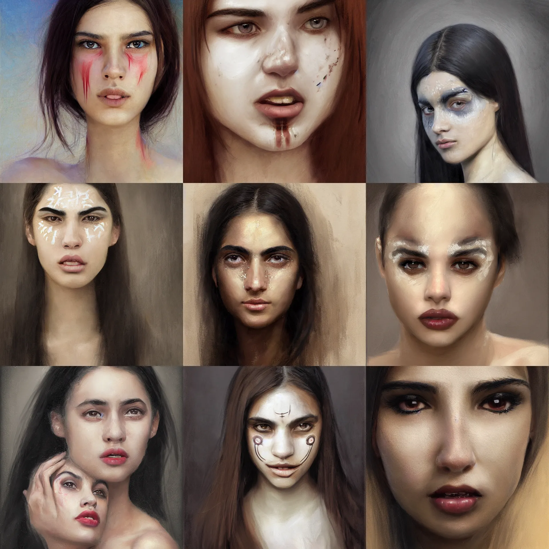 Prompt: digital art portrait painting of a 2 0 years old white skin young latino woman, long black straight hair, thick eyebrows, very small eyes, small straight nose, strong defined jaw, brown eyes, smiley face painted by craig mullins and gaston bussiere and greg rutkowski, symmetrical facial features, symmetrical face, defined facial features, beautiful face, dramatic lighting