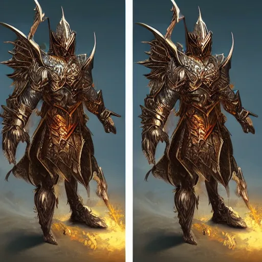 Prompt: concept art of warrior ancient crystal dragon armor, side and front view, perfect symmetry, digital art, d & d digital painting, intricate details, ultra realistic, volumetric lighting, warm colors advance, cell shading