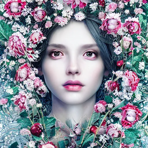 Image similar to the portrait of an absurdly beautiful, graceful, elegant, sophisticated, fashionable young woman made of strawberries and white petals with tears, an ultrafine hyperdetailed illustration by kim jung gi, irakli nadar, intricate linework, bright colors, octopath traveler, final fantasy, unreal engine 5 highly rendered, global illumination, radiant light, detailed and intricate environment