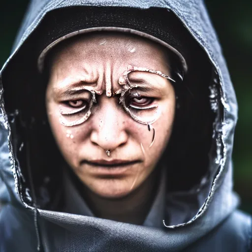 Image similar to photographic portrait of a poor techwear woman with tears in her eyes, closeup, sigma 85mm f/1.4, 4k, depth of field, high resolution, 4k, 8k, hd, full color