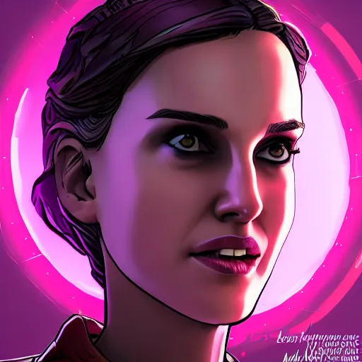 Image similar to young natalie portman portrait, borderlands, tales from the borderlands, the wolf among us, comic, cinematic lighting, studio quality, 8 k