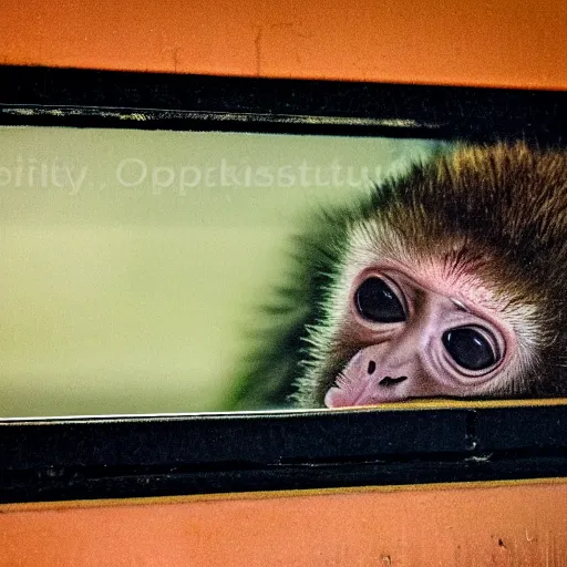 Image similar to capuchin monkey sleeping in train compartment room, rainy window, night time, night, midnight, 3 0 mm photo