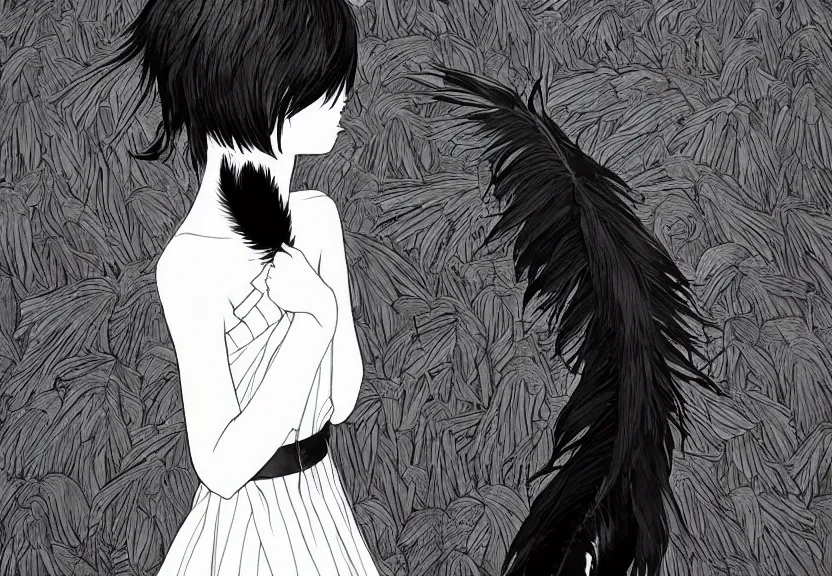 Prompt: little girl with a short white haircut wearing a dress made of black feathers, artwork in the anime style, dark, anatomically perfect