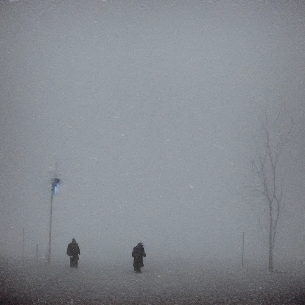 Image similar to photo of shiprock, new mexico during a snowstorm. a old man in a trench coat and a cane appears hazy in the distance, looking back over his shoulder. cold color temperature, snow storm. hazy atmosphere. humidity haze. kodak ektachrome, greenish expired film, award winning, low contrast,