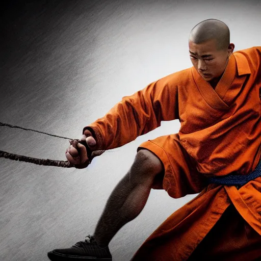 Image similar to full body pose, hyperrealistic photograph of a shaolin disciple manipulating thunder, dim volumetric lighting, 8 k, octane beautifully detailed render, extremely hyper detailed, intricate, epic composition, cinematic lighting, masterpiece, trending on artstation, very very detailed, stunning, hdr, smooth, sharp focus, high resolution, award, winning photo, dslr, 5 0 mm