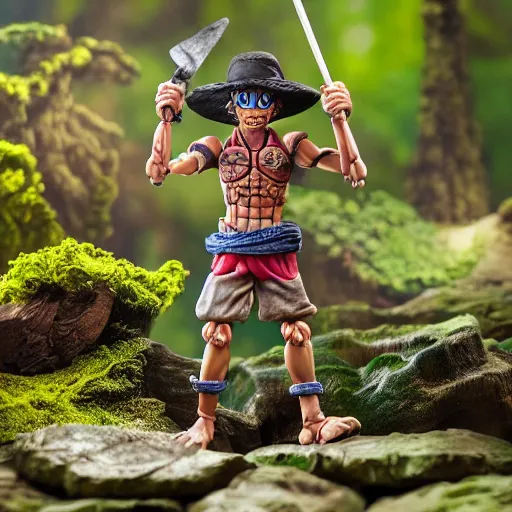 Image similar to high - res photograph of a claymation sculpture action figure warrior luffy, highly detailed sculpey diorama, forest setting, waterfall backdrop, smooth, sharp foccus, commercial product photography,