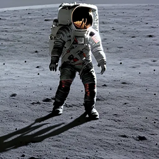 Prompt: A man inside of a mech suit walking on the moon. The mech suit Is made out of black ivory. Photorealistic