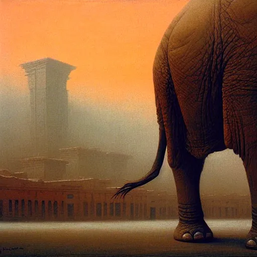 Image similar to a giant elephant stands over a city painting by beksinski, barlowe colors. masterpiece painting