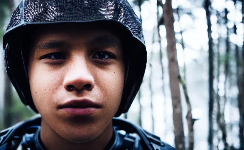 Image similar to cinestill 5 0 d candid photographic portrait by steven spielberg of a mixed teen wearing rugged black mesh techwear on a dirtbike through a dark forest, extreme closeup, modern cyberpunk moody emotional cinematic, snow storm, 8 k, hd, high resolution, 3 5 mm, f / 3 2, ultra realistic faces, ex machina