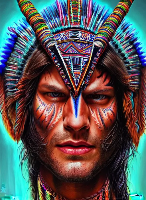 Image similar to portrait of jared padalecki, hyper detailed ultra sharp aztec shaman warrior. trending on artstation, warpaint aesthetic, bloodwave, colorful, psychedelic, ornate, intricate, digital painting, concept art, smooth, sharp focus, illustration, art by artgerm and greg rutkowski and h. r. giger, 8 k