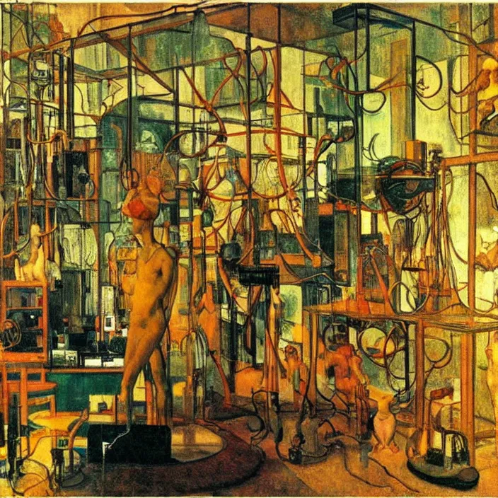 Prompt: the inventor in his laboratory with contraption, oceanian statues, cyberpunk, bioluminescent cables. lamp light. henri de toulouse - lautrec, jan van eyck, rene magritte, max ernst, walton ford, agnes pelton