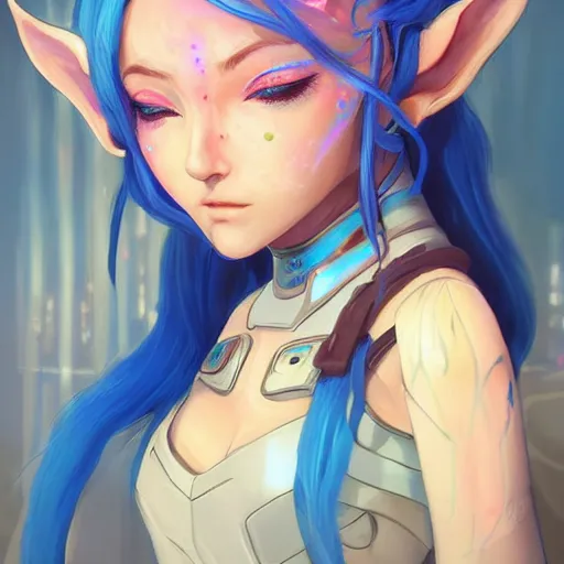 Prompt: art championship winner trending on artstation portrait of a goddess elven mecha warrior princess, head and shoulders, blue hair, matte print, pastel neon, cinematic highlights, lighting, digital art, cute freckles, digital painting, fan art, elegant, pixiv, by Ilya Kuvshinov, daily deviation, IAMAG, illustration collection aaaa updated watched premiere edition commission ✨✨✨ whilst watching fabulous artwork \ exactly your latest completed artwork discusses upon featured announces recommend achievement