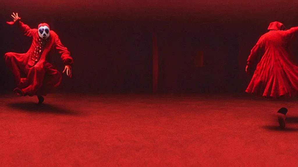 Image similar to a scary jester dances in a black and red checkered room, film still from the movie directed by Denis Villeneuve with art direction by Zdzisław Beksiński, wide lens