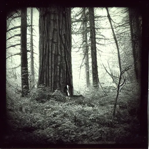 Prompt: polaroid of driads hidding behin the trees in the forest. creepy atmosphere, liminal space.