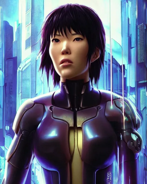 Image similar to weta disney pixar movie still portrait photo of motoko kusanagi the major ghost in the shell : : as cyborg woman by pixar : : by weta, wlop, ilya kuvshinov, rossdraws, artgerm, maxim cover, octane render, anime, octane render, 3 d, volumetric lighting, anti aliasing, raytracing : :