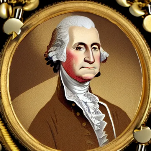 Prompt: a photorealistic colored pencil sketch of a distinguished George Washington wearing a gold chain around his neck with a small Doubloon coin attached as a necklace. This 4K HD image is Trending on Artstation, featured on Behance, well-rendered, extra crisp, features intricate detail and the style of Unreal Engine.