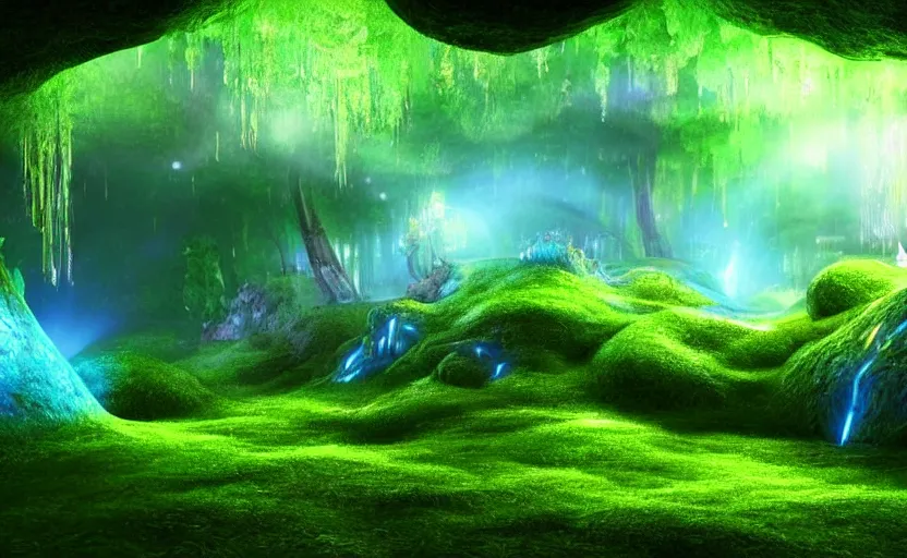 Image similar to a beautiful and stunning professional digital artwork of a glowing mushroom cave, haze, spores floating in the air, waterfall, volumetric lighting, hyperrealistic, green, blue, rtx on, ultra detail