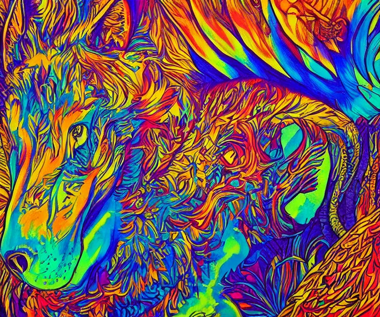 Image similar to the wildest dream, vivid colors, golden hour, psychedelic art, magical creatures, highly detailed, sharp lines