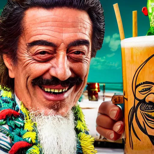 Image similar to a closeup photorealistic photograph of smiling salvador dali at trader vic's bar sitting next to a trader vic's style tiki mug featuring the face of salvador dali. tiki culture. bright scene. 4 k hd image that's trending on artstation, featured on behance, well rendered, extra crisp, features epic composition and the style of unreal engine.