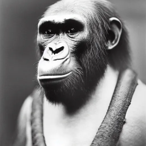 Image similar to 1930s mugshot of an ape holding a rifle, closeup portrait