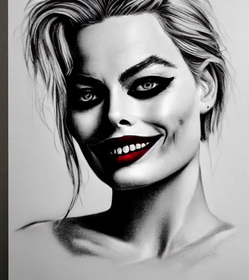 Image similar to beautiful margot robbie portrait with joker makeup with faded outline, in the style of den yakovlev,, black and white realism drawing, hyper realistic, highly detailed