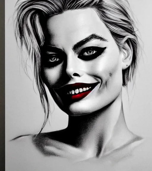 Prompt: beautiful margot robbie portrait with joker makeup with faded outline, in the style of den yakovlev,, black and white realism drawing, hyper realistic, highly detailed