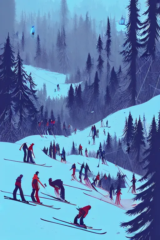 Image similar to by moebius and atey ghailan | the bottom of a ski slope with a huge pile of tangled up skiers |