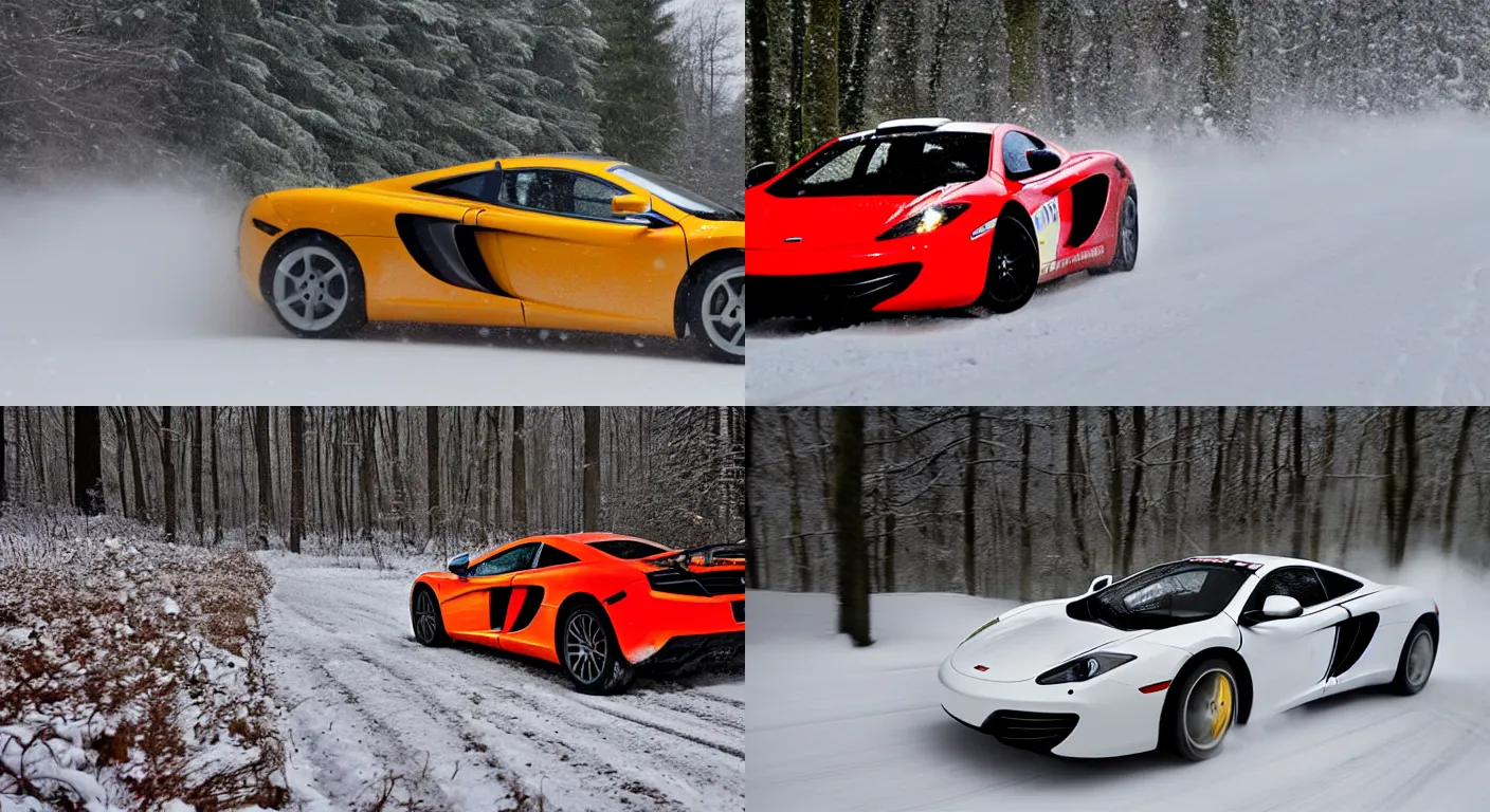 Prompt: a 2 0 1 1 mclaren mp 4 - 1 2 c, racing through a rally stage in a snowy forest