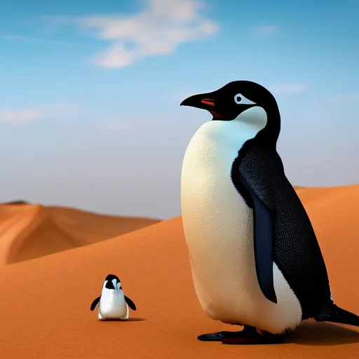 Prompt: shit Penguin in the desert, Pyjama british Air force Officer, octane render, unreal engine, 8k high definition