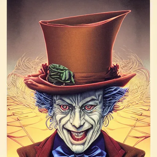 Image similar to portrait of the mad hatter, symmetrical, by yoichi hatakenaka, masamune shirow, josan gonzales and dan mumford, ayami kojima, takato yamamoto, barclay shaw, karol bak, yukito kishiro, beksinski