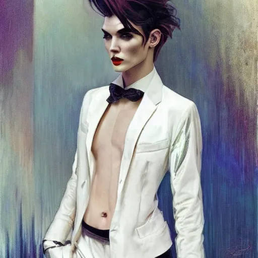 Image similar to beautiful portrait of androgynous ruby rose as desire from sandman in a white tuxedo!!!, rockabilly style,, by alphonse mucha, by jeremy mann, by peter lindbergh, dave mckean, by cedric peyravernay, white suit and black tie, soft lightning, high detailed, 8 k