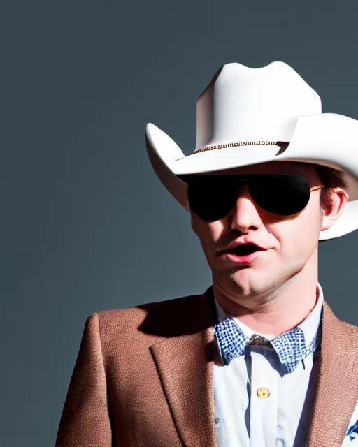 Prompt: close up photo of a fox wearing a suit, white cowboy hat, and aviator sunglasses, holding a cigar, highly detailed photograph, smooth, global illumination, 8 5 mm f / 1. 4