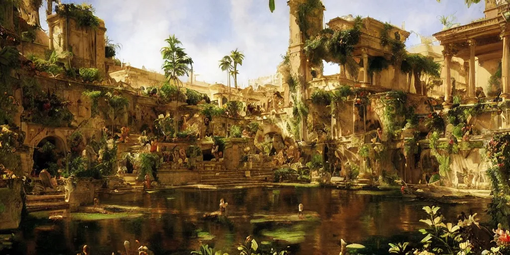 Image similar to beautiful landscape oil matte painting, of bustling empire hanging gardens of babylon, art by anders zorn, wonderful masterpiece highly detailed, beautiful cinematic light deep focus, elegant, digital painting, smooth, sharp focus, golden ratio, dramatic illumination, ultra realistic, 8 k, art by artemisia lomi gentileschi and caravaggio
