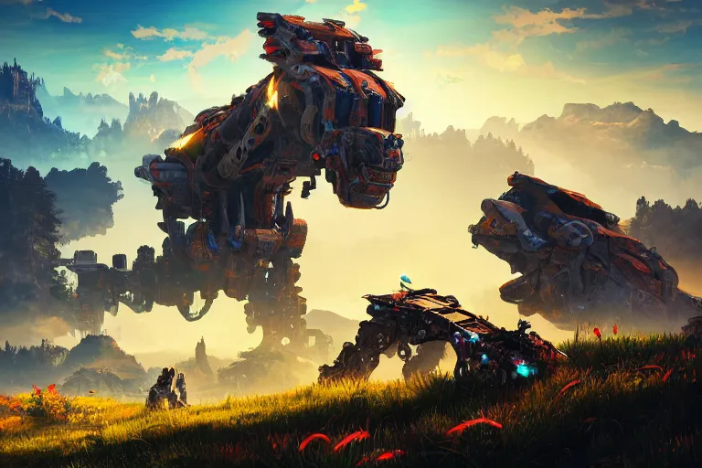 Image similar to tideripper machine mecanical creature robot of horizon forbidden west horizon zero dawn radiating a glowing aura global illumination ray tracing hdr fanart arstation by ian pesty and alena aenami artworks in 4 k