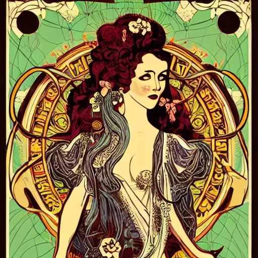 Prompt: art nouveau wallpaper, flowing gown, garlands, 1 8 th century woman, face is symmetrical, hapsberg syndrome, silkscreen print, used poster, flat matte, hyper detailed, style of chuck sperry. w 1 2 8 0