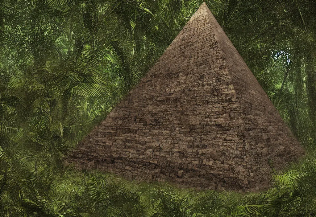 Image similar to a abandoned eerie pyramid in the jungle, dark, firefly, digital art,