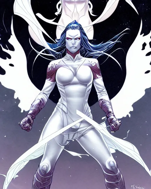 Prompt: fantasy comic cover art of female antihero wearing all white fighting off a gang of grim reapers, detailed faces, illustration by jenny frison and sana takeda and kenichi sonoda, intricate details, stunning inking lines, stunning gradient colors, 4 k, hd, artstation, award winning