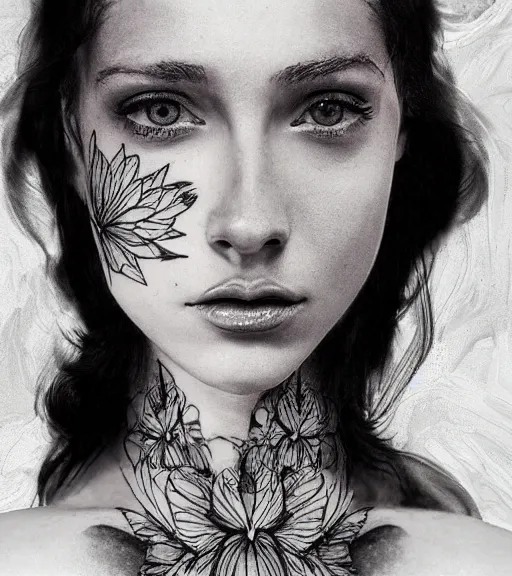 Image similar to tattoo design sketch of an extremely beautiful woman face next to a faded background of beautiful mountains on her side, hyper - realistic, double exposure effect, in the style of matteo pasqualin, amazing detail, black and white, faded