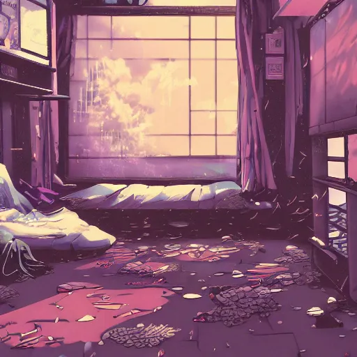 Prompt: anime background of the interior of a bedroom in the slums with a loft bed, book case, computer desk, blowling alley carpet, and built from various coral seashells and being reclaimed by nature, nostalgia, vaporwave, litter, steampunk, cyberpunk, caustics, anime, vhs distortion, dynamic shot, cinematic letterbox, art created by miyazaki