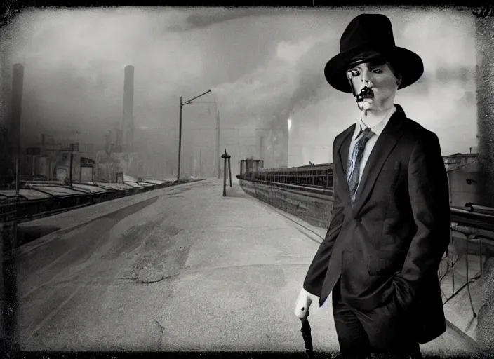 Prompt: mysterious man in suit and hat wrapped in cigarette smoke, in a big industrial city metropoli with a cloudy sky, polaroid artistic photo