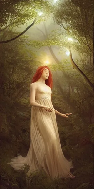 Prompt: amazed and serene young woman, surrounded by firefly lights, full covering intricate detailed dress, amidst nature, long red hair, precise linework, accurate green eyes, small nose with freckles, beautiful smooth oval shape face, empathic, expressive emotions, dramatic lights, hyper realistic ultrafine art by artemisia gentileschi, jessica rossier, boris vallejo