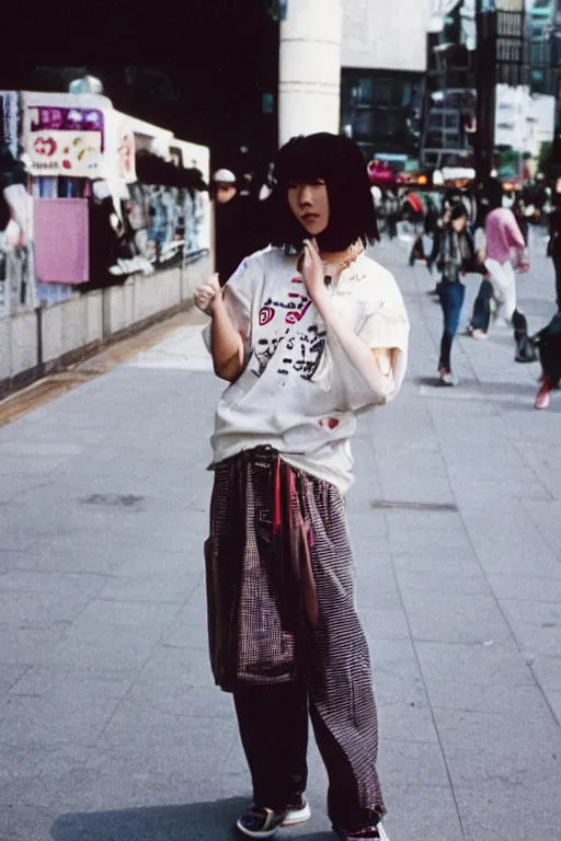 Image similar to a 1 9 9 0 s street fashion photograph of a young japanese woman in 9 0 s fashion!!!, in bubble era tokyo ueno, shot on cinestill 5 0 d with a canon 8 5 mm at f / 5. 6 lens, print magazine quality!!, very photorealistic!!, nineties nostalgia!!!, 4 k