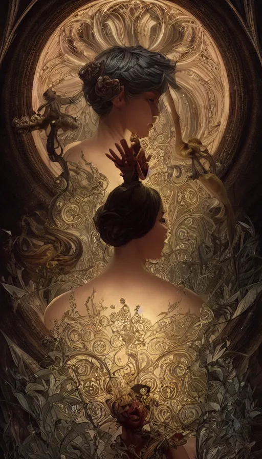 Image similar to dark twisted fairytale, fibonacci, sweat drops, insane, intricate, highly detailed, digital painting, artstation, concept art, smooth, sharp focus, illustration, Unreal Engine 5, 8K, art by artgerm and greg rutkowski and alphonse mucha