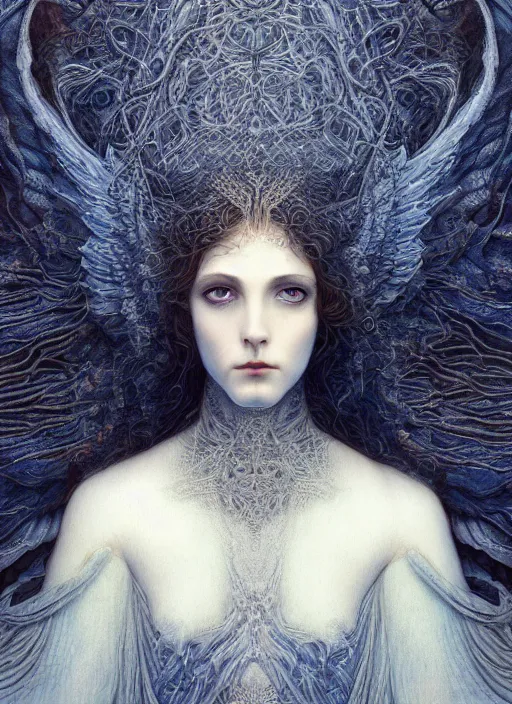 Image similar to Her huge ominous glowing blue eyes staring into my soul , perfect eyes, soft pale white skin, intricate stunning highly detailed, agostino arrivabene, artgerm, twisted dark lucid dream, 8k portrait render, raven angel wings, swirling smoke , beautiful lighting, dark fantasy art, cgsociety