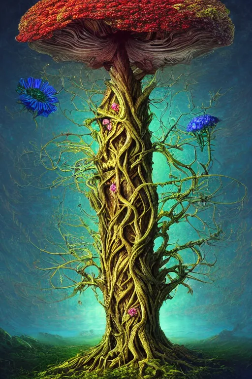 Prompt: a beautiful digital illustration painting of a detailed fantasy tree trunk and roots, psychedlic trippy mushroom, flowers by benoit b. mandelbrot, steven belledin, martin johnson heade, lee madgwick, caspar david friedrich, and david rios ferreira. 8 k resolution trending on artstation concept art digital illustration