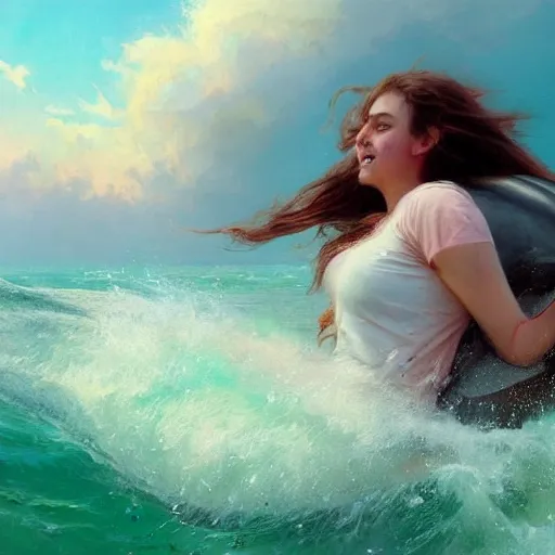 Prompt: a girl with long brown hair riding a dolphin through fluffy pink clouds, Greg Rutkowski, dynamic lighting, cheerful, award-winning oil painting,